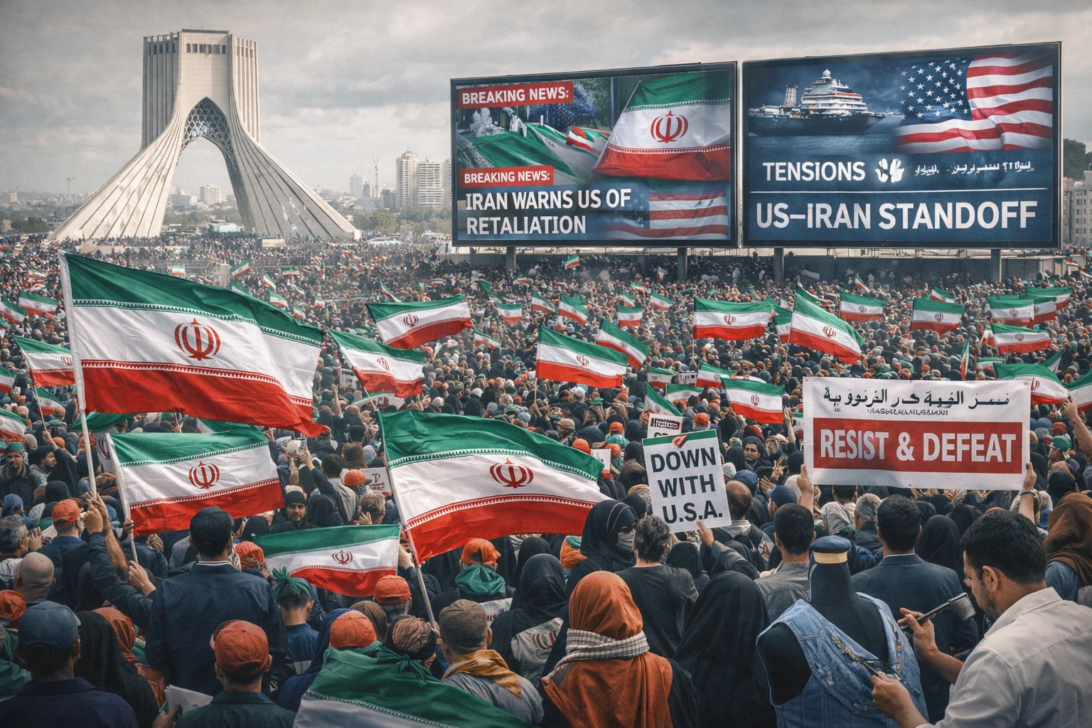 Tehran rally marks 1979 Revolution anniversary as US–Iran tensions fuel war fears.