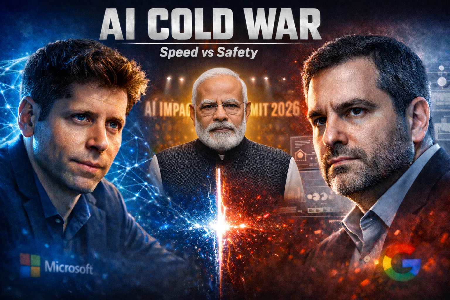 Sam Altman and Dario Amodei during AI Cold War OpenAI vs Anthropic at India AI Impact Summit 2026