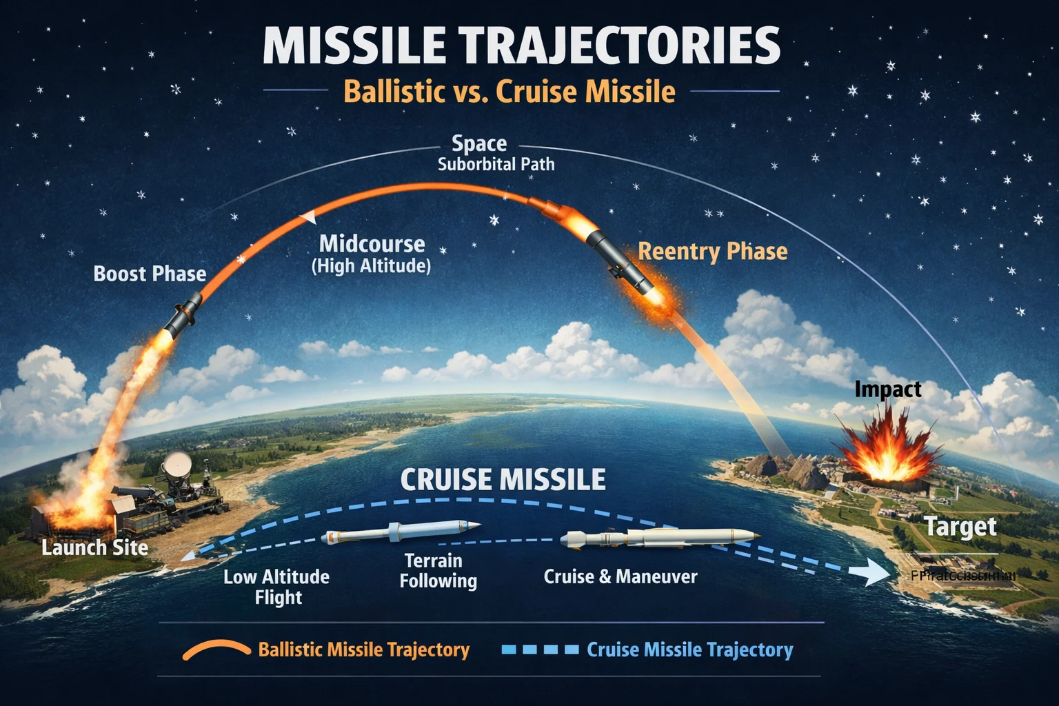 Ballistic Vs Cruise Missile Trajectory Ballistic vs cruise missile trajectory comparison showing ALBM arc and low-altitude cruise flight in Golden Horizon missile vs BrahMos explanation.