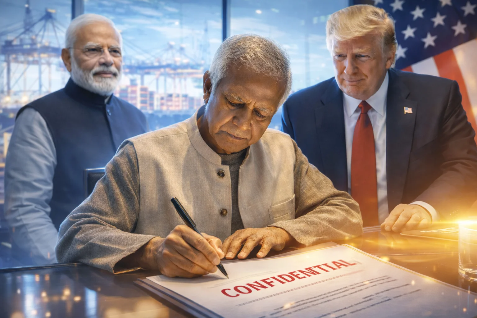 Bangladesh US secret trade deal showing Muhammad Yunus signing a confidential US–Bangladesh trade document as Donald Trump observes and Narendra Modi watches with strategic concern