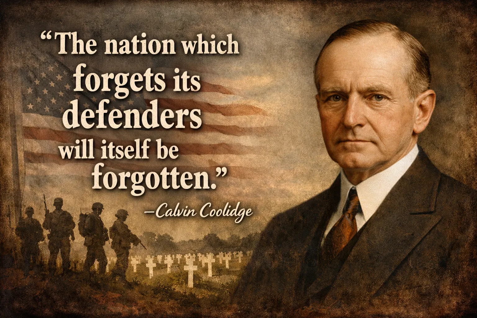Calvin Coolidge quote on honoring defenders with portrait, symbolizing military morale amid Pakistan soldiers captured by BLA crisis