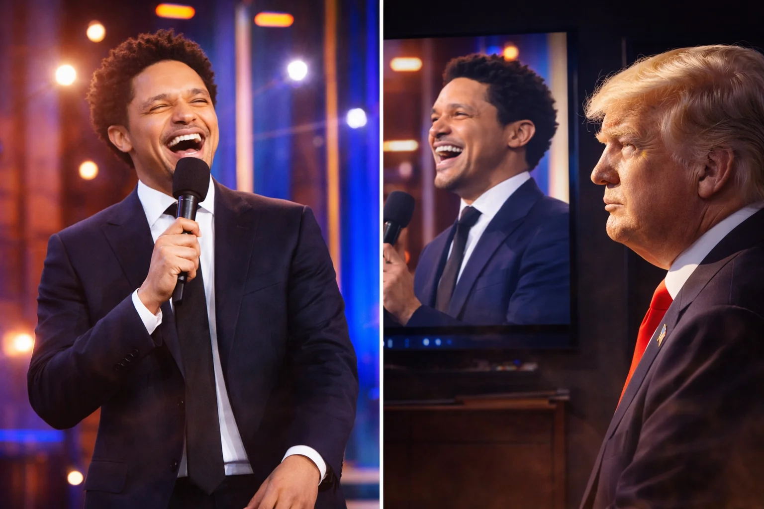 Trevor Noah joking about Donald Trump on stage highlighting satire, power, and political vulnerability