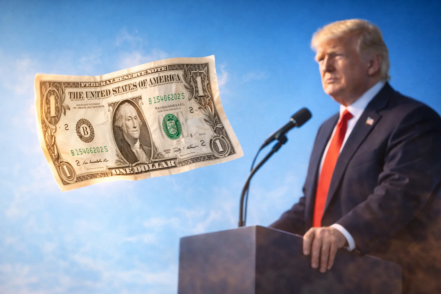 US dollar symbolism with Donald Trump at podium reflecting economic uncertainty and currency concerns
