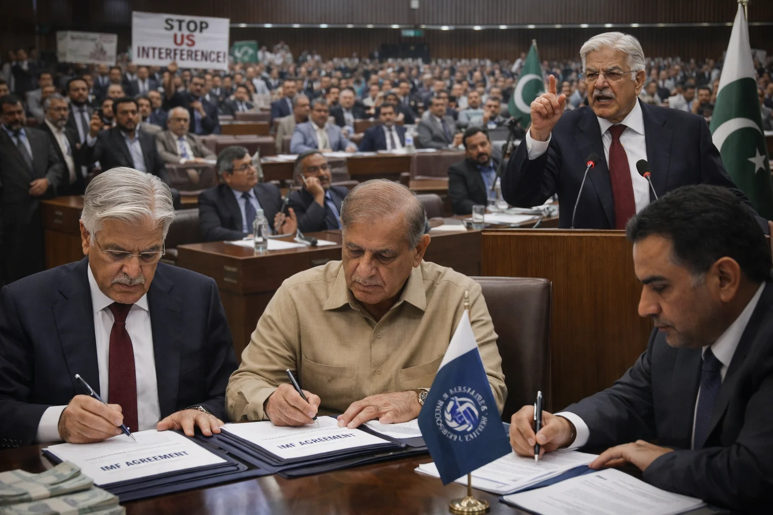 IMF funding and anti-US rhetoric debate in Pakistan following Khawaja Asif toilet paper statement in Parliament