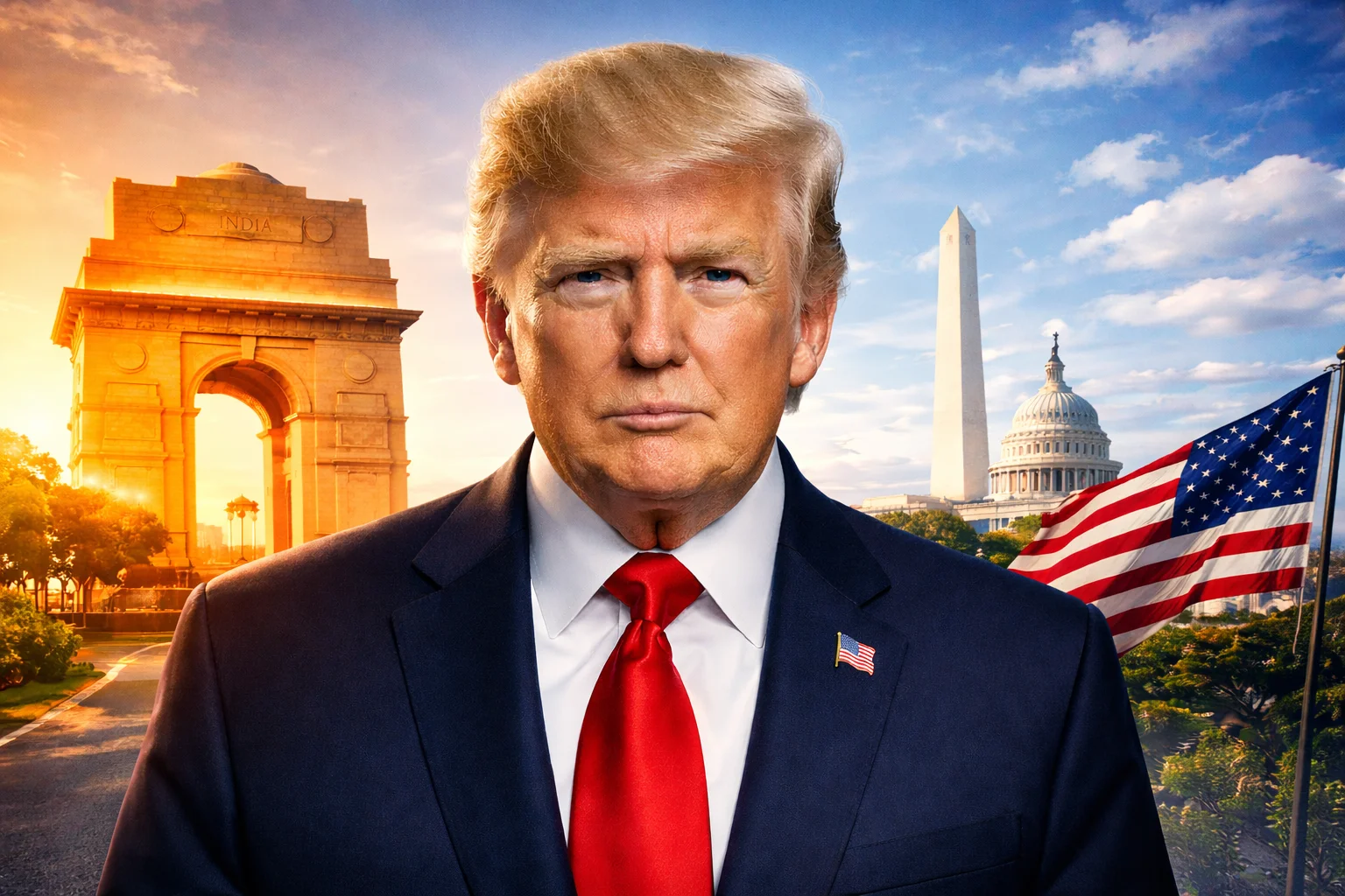Donald Trump American Gate concept showing Donald Trump with India Gate and Washington DC skyline symbolizing monument politics and legacy crisis