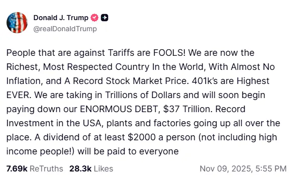 Trump tariff reversal impact in Donald Trump Truth Social post defending tariffs and 2000 dollar claims
