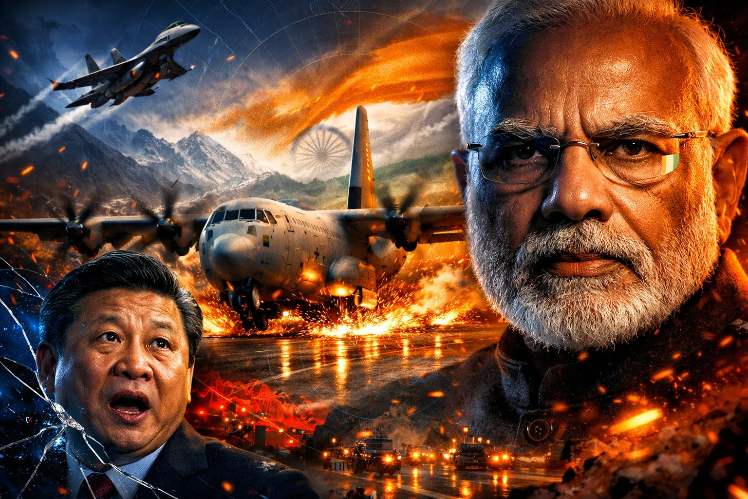 Emergency Landing Facility strategic analysis: Geopolitical poster featuring PM Modi’s resolve and an IAF C-130J touchdown at Moran, symbolizing India's distributed airpower against regional challenges.