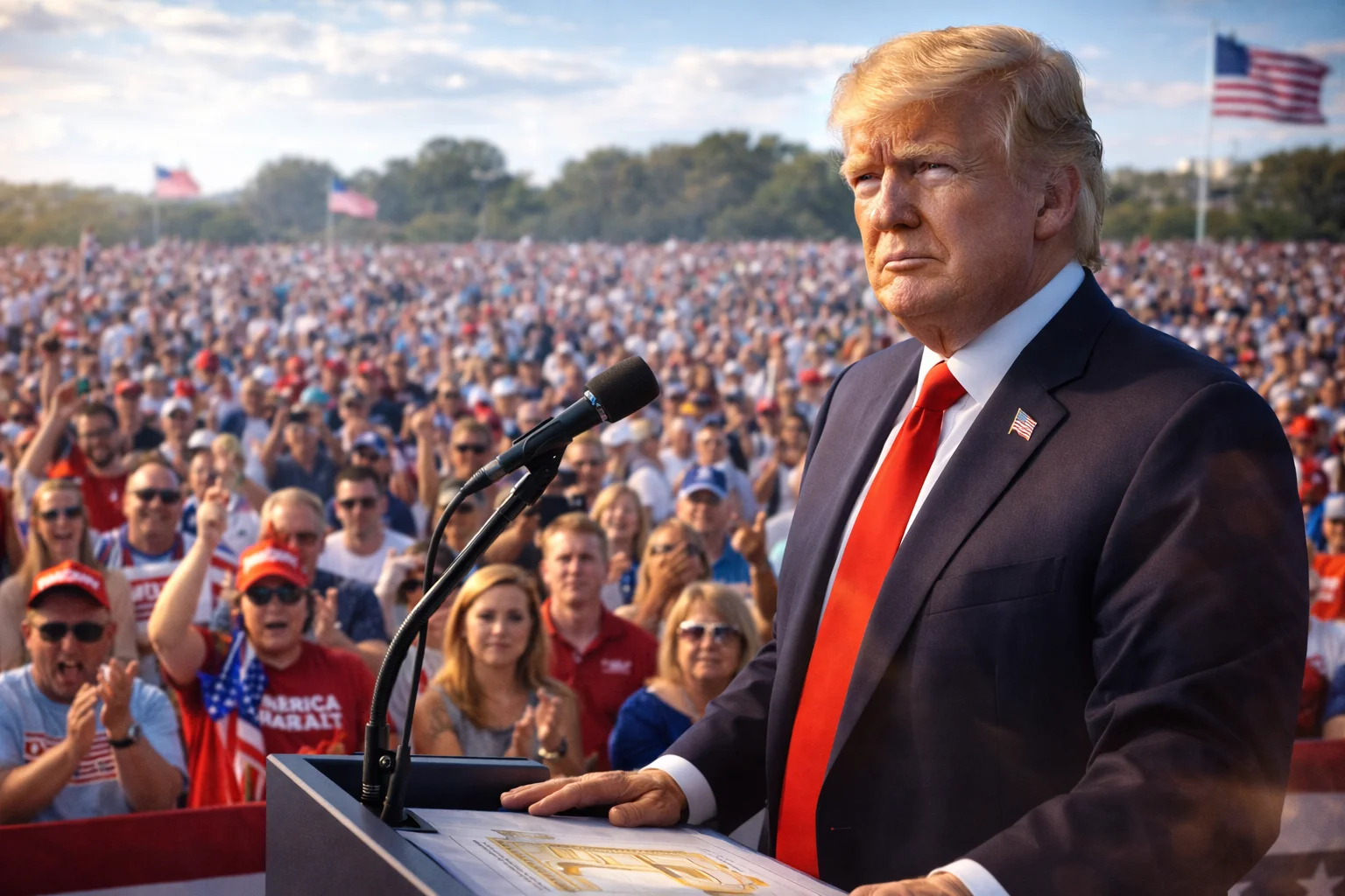Donald Trump addressing a rally amid declining approval ratings and political support in the United States