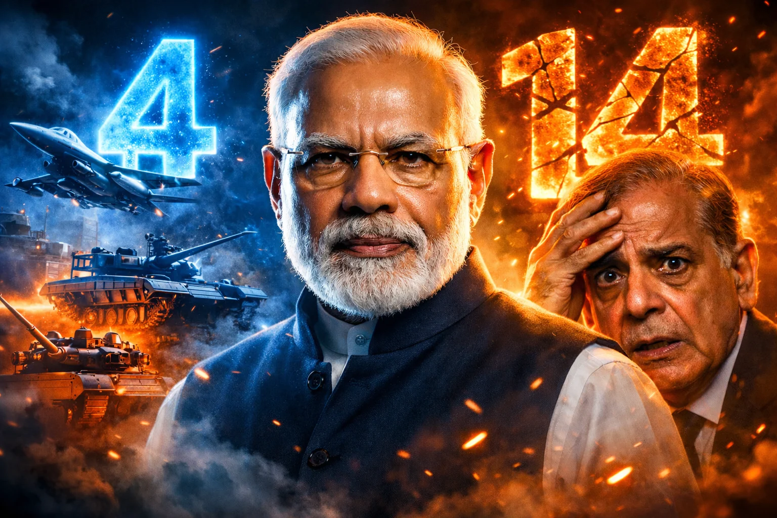 PM Modi and Pakistan PM Shehbaz Sharif contrasted in Global Firepower Index 2026, showing India ranked 4th and Pakistan falling to 14th after Operation Sindoor