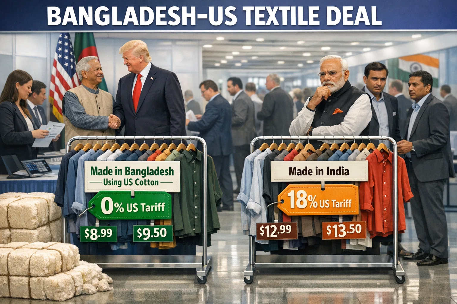 Bangladesh US textile deal comparison showing zero tariff garments made with US cotton from Bangladesh versus Indian garments facing 18 percent US tariff, with Trump and Muhammad Yunus agreeing while India reacts with concern