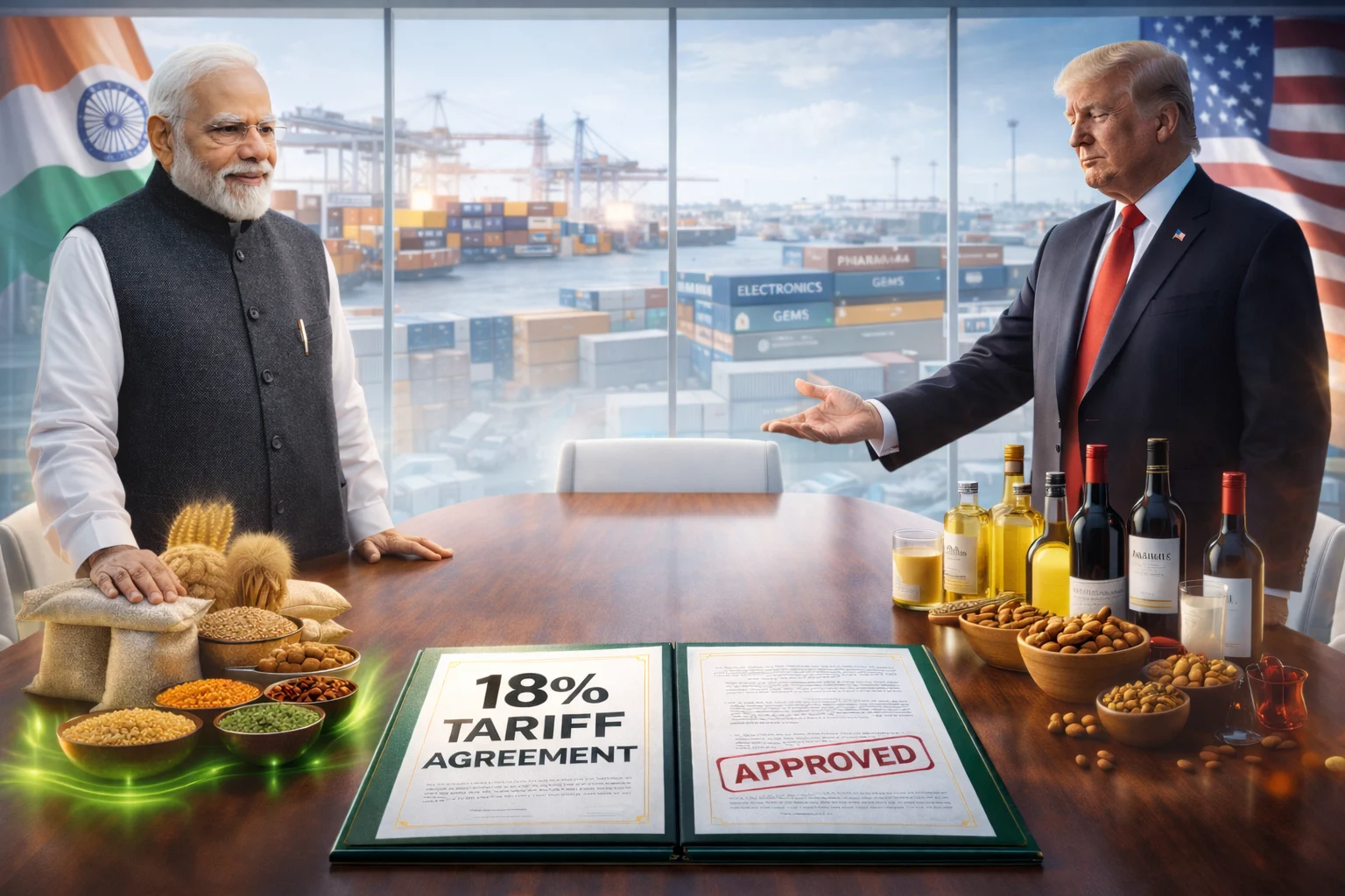 India US 18 percent tariff agreement showing protected Indian agriculture alongside limited US farm access during Modi–Trump trade negotiations