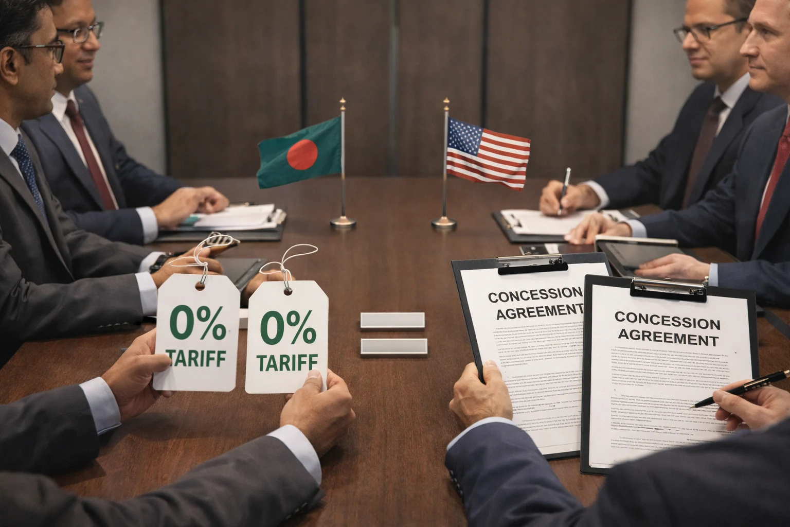 Trade negotiation table illustrating that zero tariff access in the Bangladesh US textile deal came in exchange for major economic concessions
