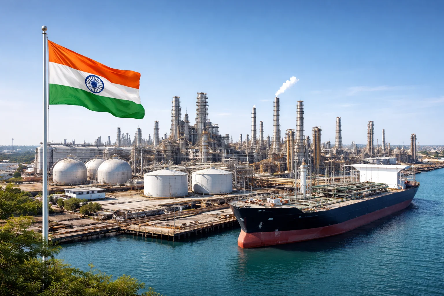Indian national flag above refinery symbolizing strategic autonomy in India Russia oil trade decisions