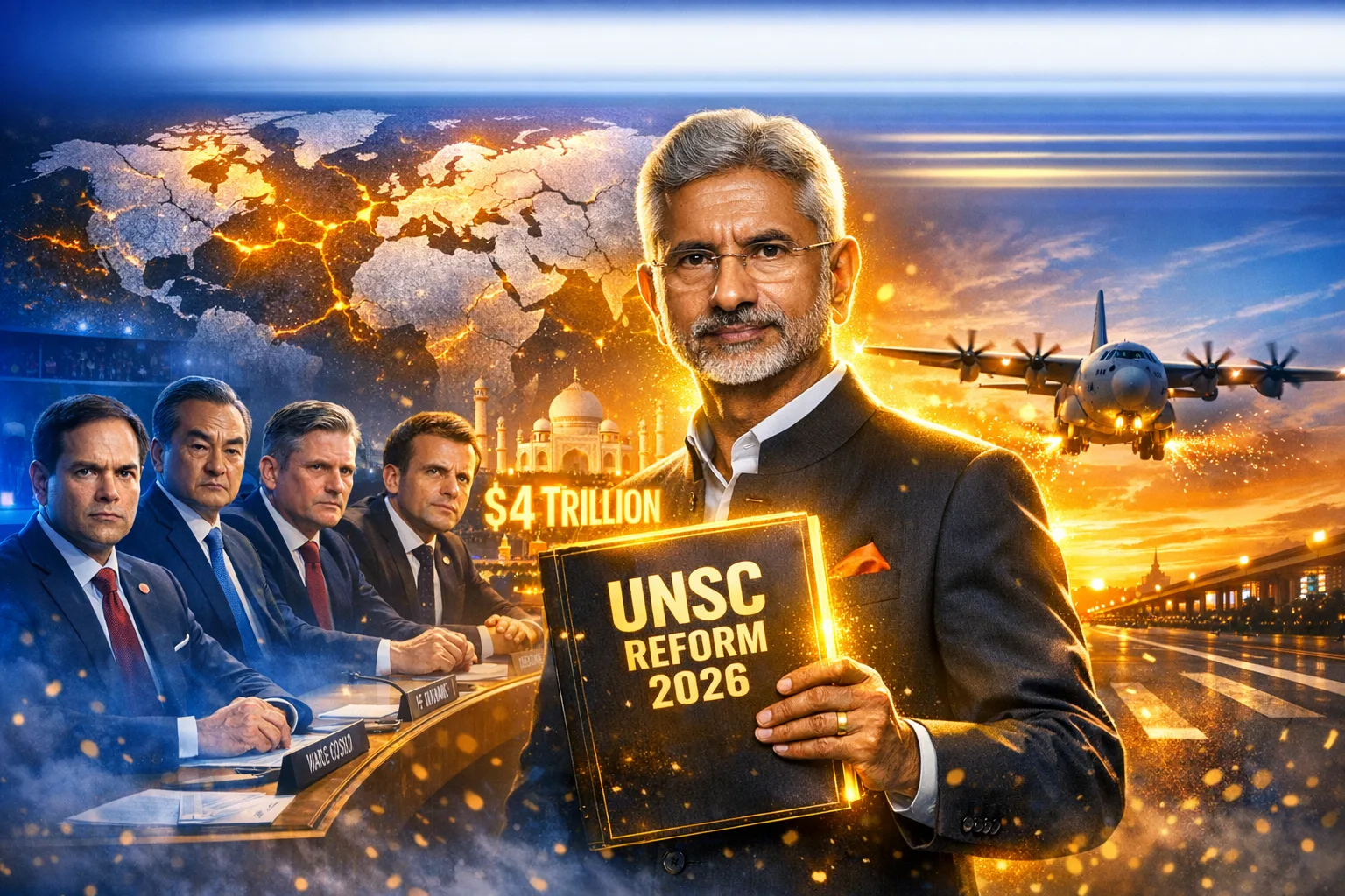 G4 UN Security Council Reform: 2026 strategic vision featuring Dr. S. Jaishankar at the UNSC with India’s $4 trillion economy and the Moran ELF highway landing.