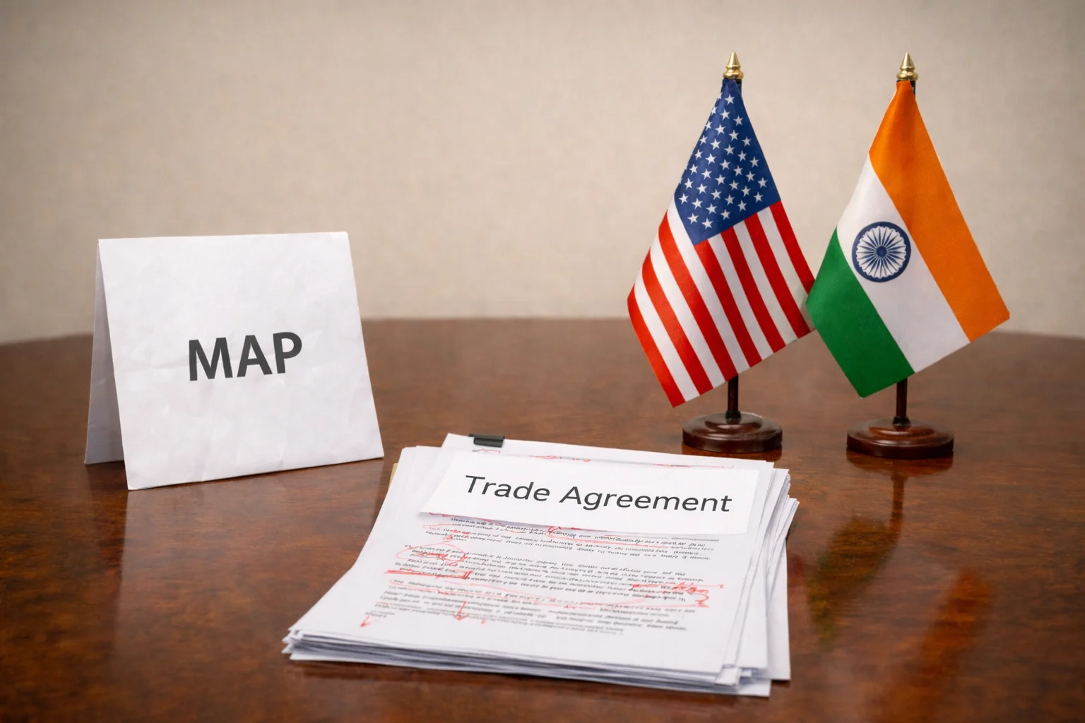 US India trade deal controversy symbolic table with India map redlined trade document and US India flags