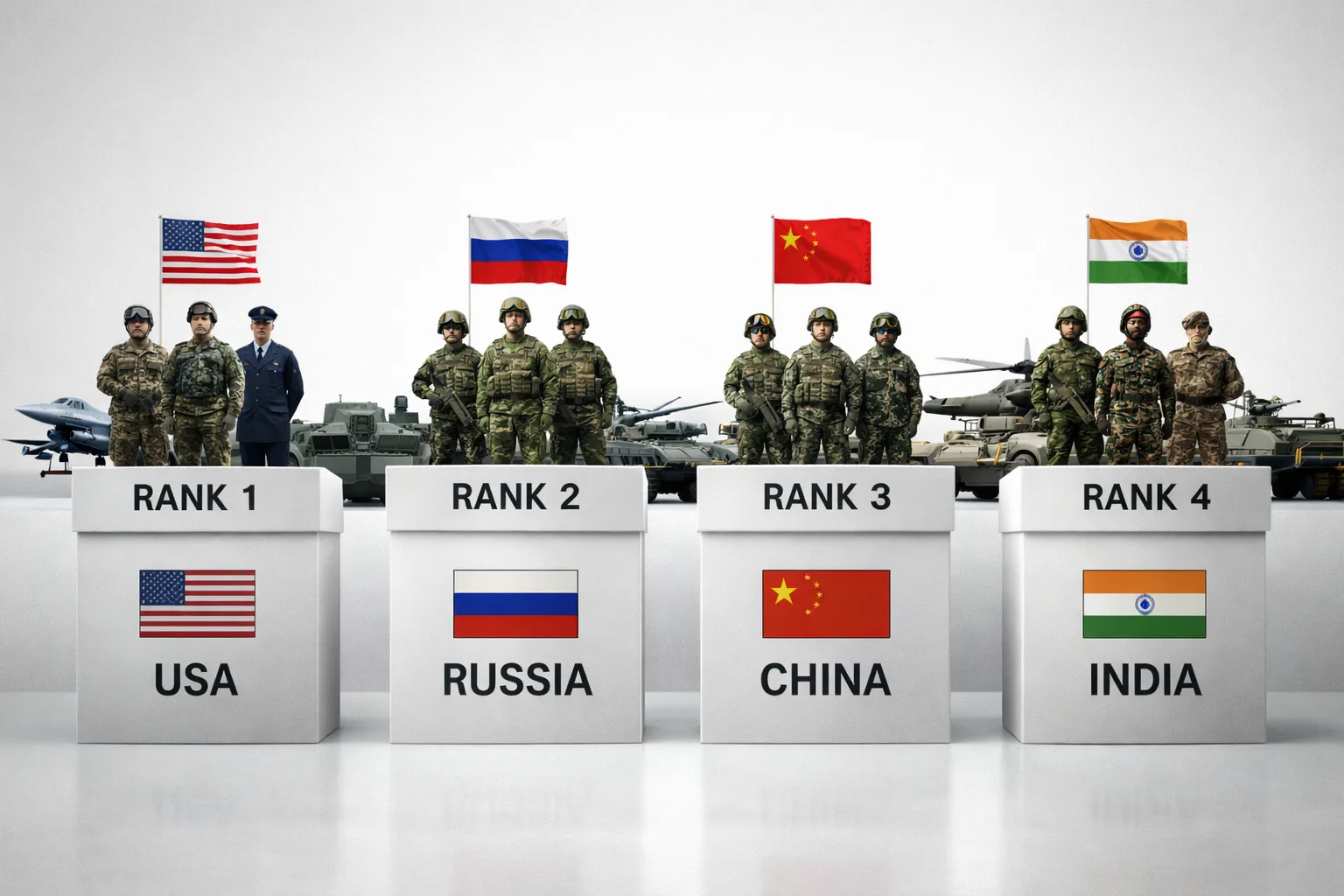 Global Firepower Index 2026 Top Rankings Overview Official Global Firepower Index 2026 ranking display showing USA first, Russia second, China third, and India holding fourth position