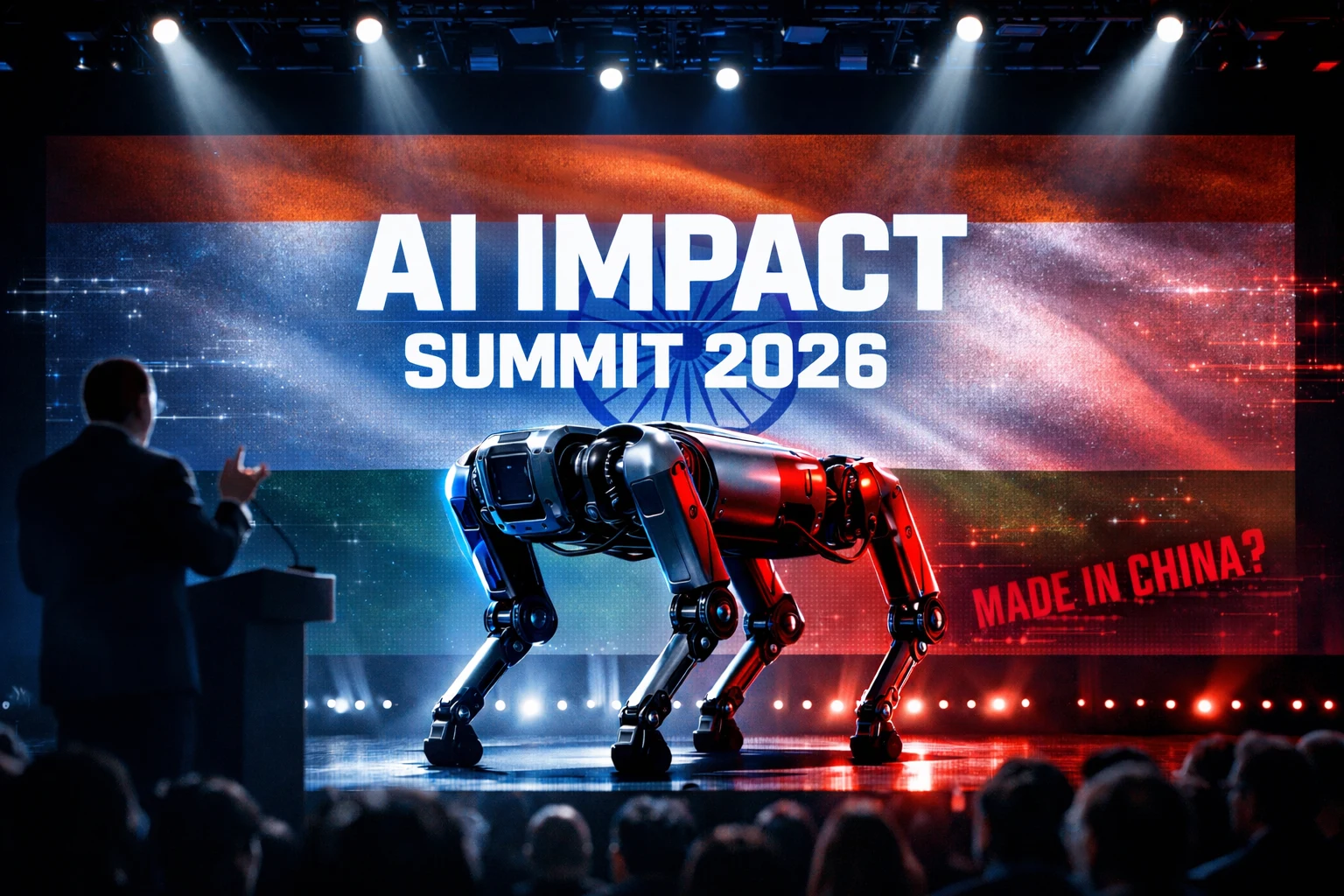 Unitree robot dog at AI Impact Summit 2026 highlighting India AI Summit robot dog controversy