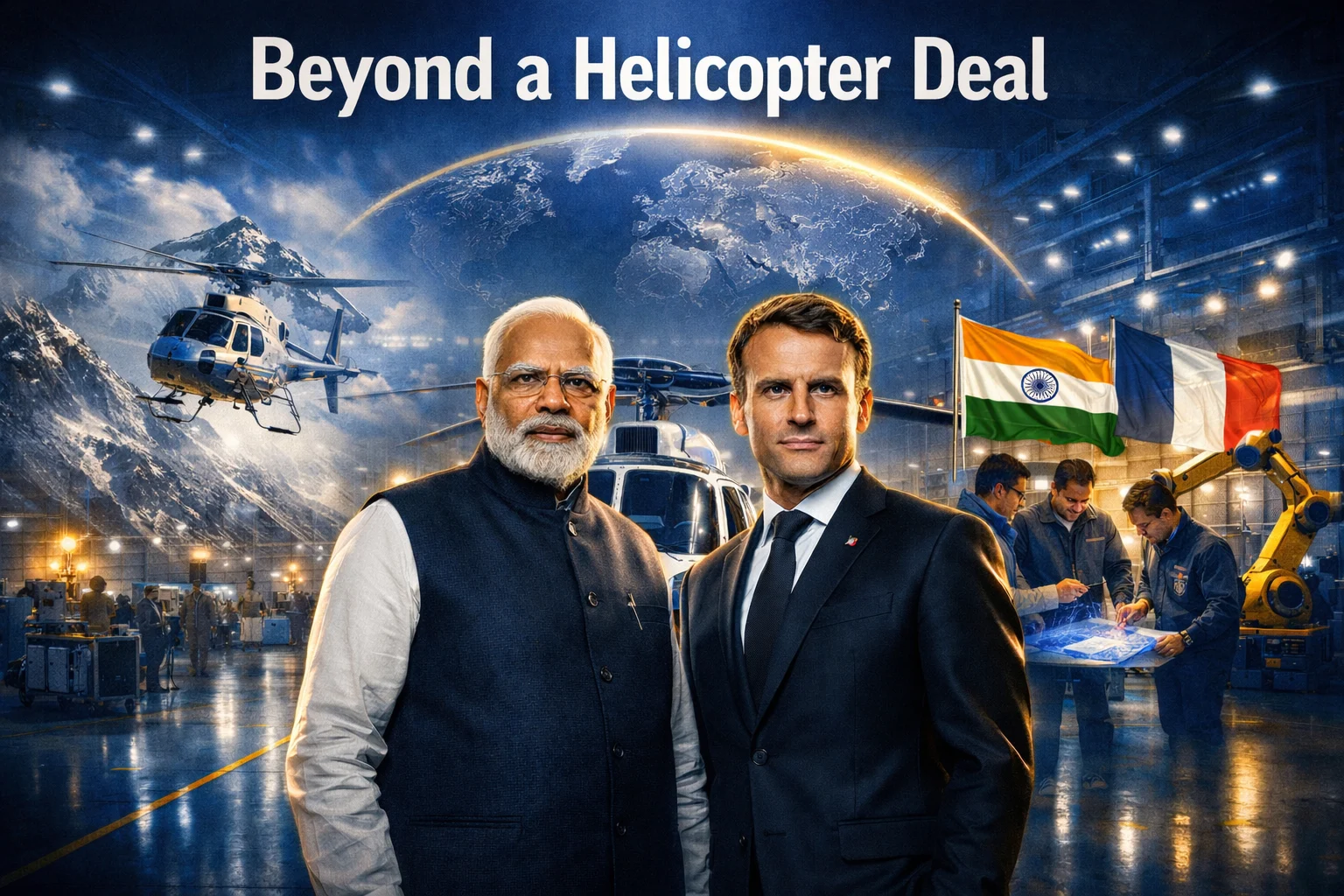 Narendra Modi and Emmanuel Macron at Airbus H125 assembly line highlighting India France H125 helicopter deal