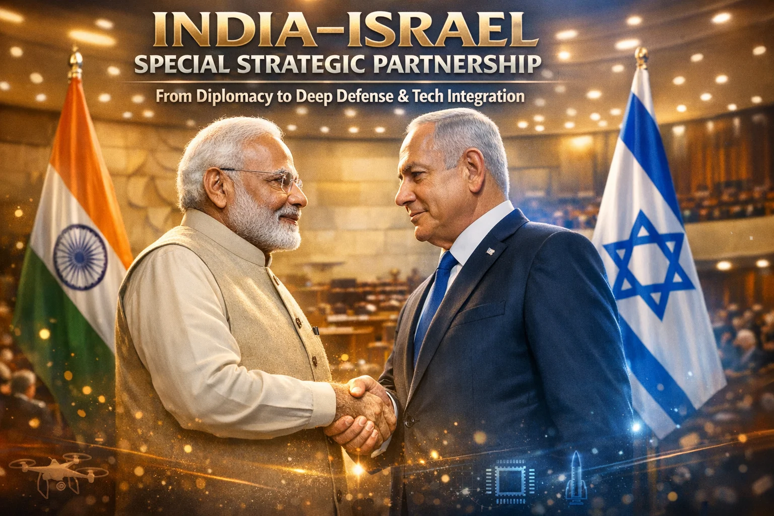 Narendra Modi and Benjamin Netanyahu handshake at Knesset during India Israel Special Strategic Partnership announcement