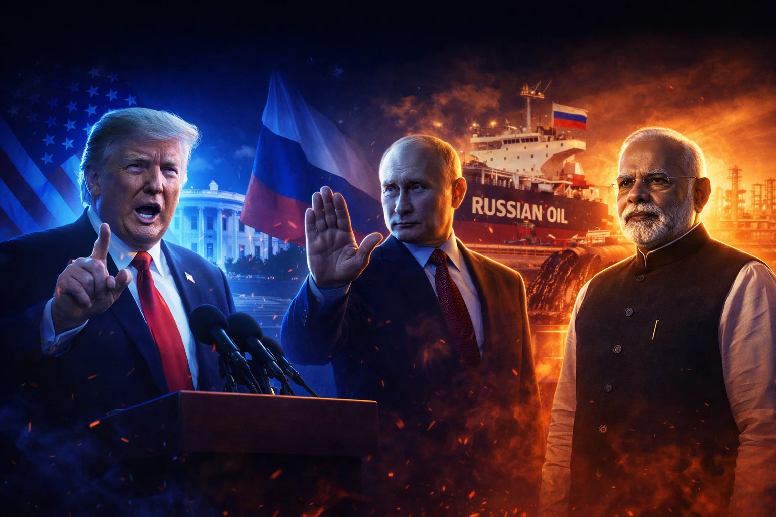 India Russia oil trade controversy showing Donald Trump claiming India will stop buying Russian oil, Vladimir Putin denying the claim, and India continuing oil imports through refinery and tanker operations