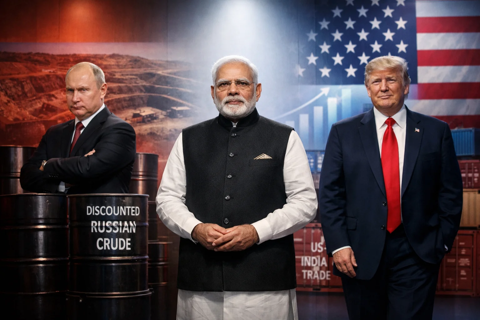 India Russia relations after US deal summit scene showing Narendra Modi between Vladimir Putin and US presence as Moscow worries over oil and trade shift