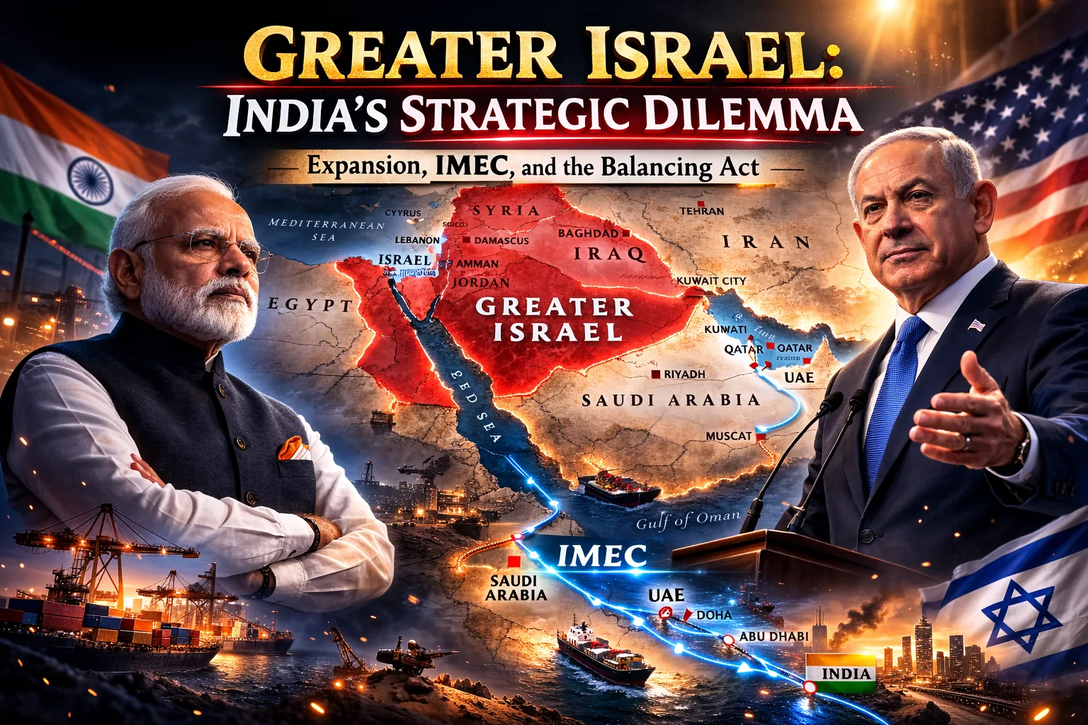 India stance on Greater Israel illustrated with Benjamin Netanyahu and Narendra Modi over a dramatic Middle East map, highlighting Israel expansion, US backing signals, IMEC strategy, and geopolitical tension.