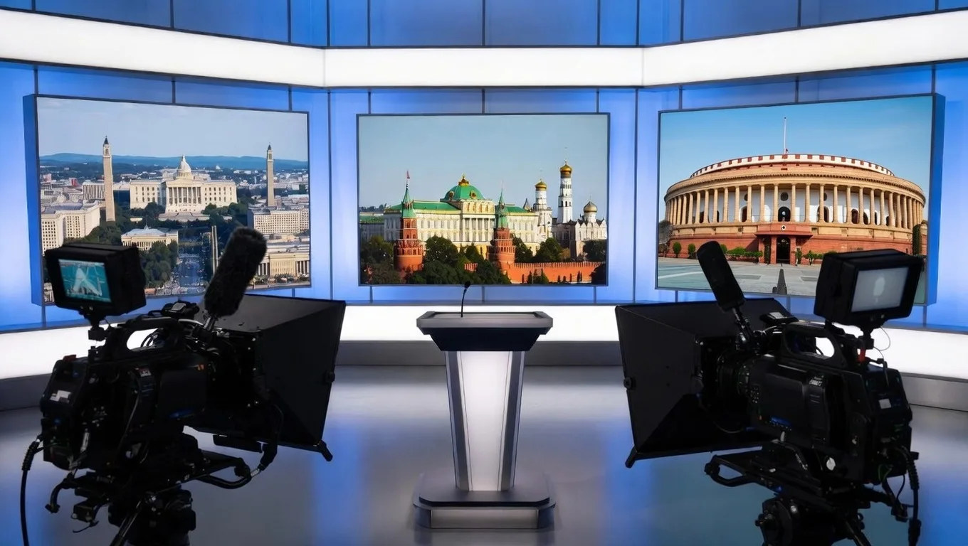 Global breaking news scene showing international attention on India–Russia oil trade involving the US, Russia, and India