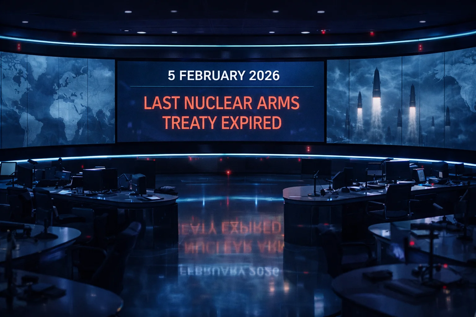 Introduction The Day Nuclear Restraints Officially Ended 5 February 2026 displayed in global newsroom marking the New START treaty expiry 2026 and the end of nuclear arms control