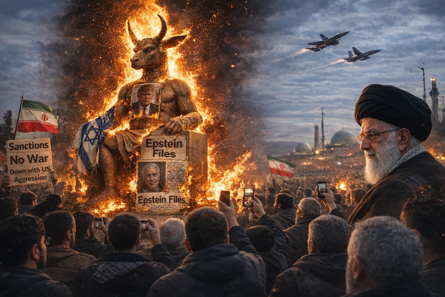 Iran Baal statue protest in Tehran as protesters burn symbolic idol amid rising US–Iran war fears.