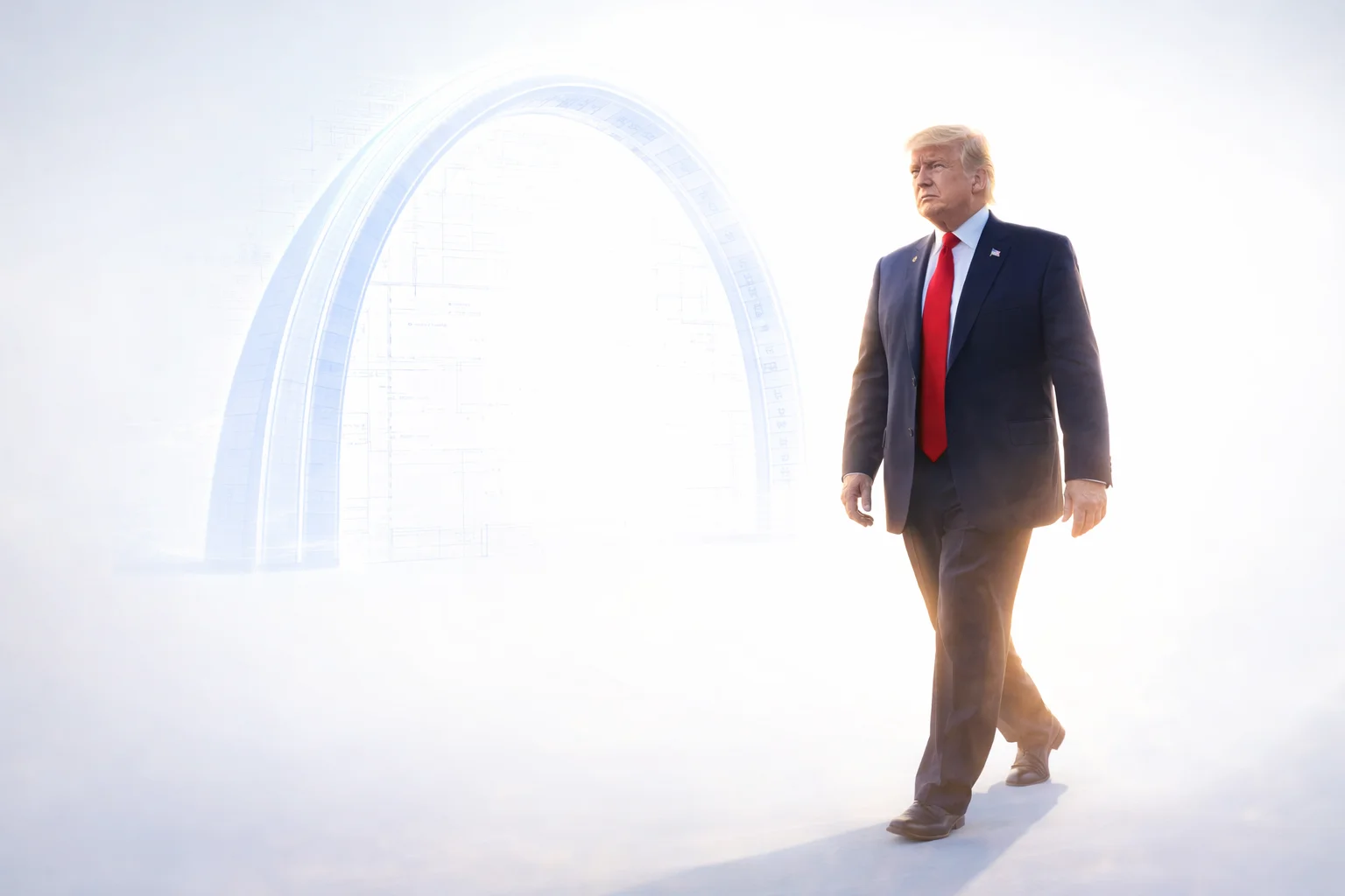 Donald Trump walking forward with a glowing monument blueprint symbolizing legacy versus political distraction