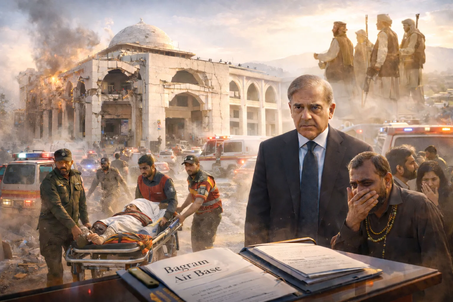 Islamabad mosque blast aftermath showing damaged Shia mosque courtyard, injured civilians, and emergency responders in Islamabad