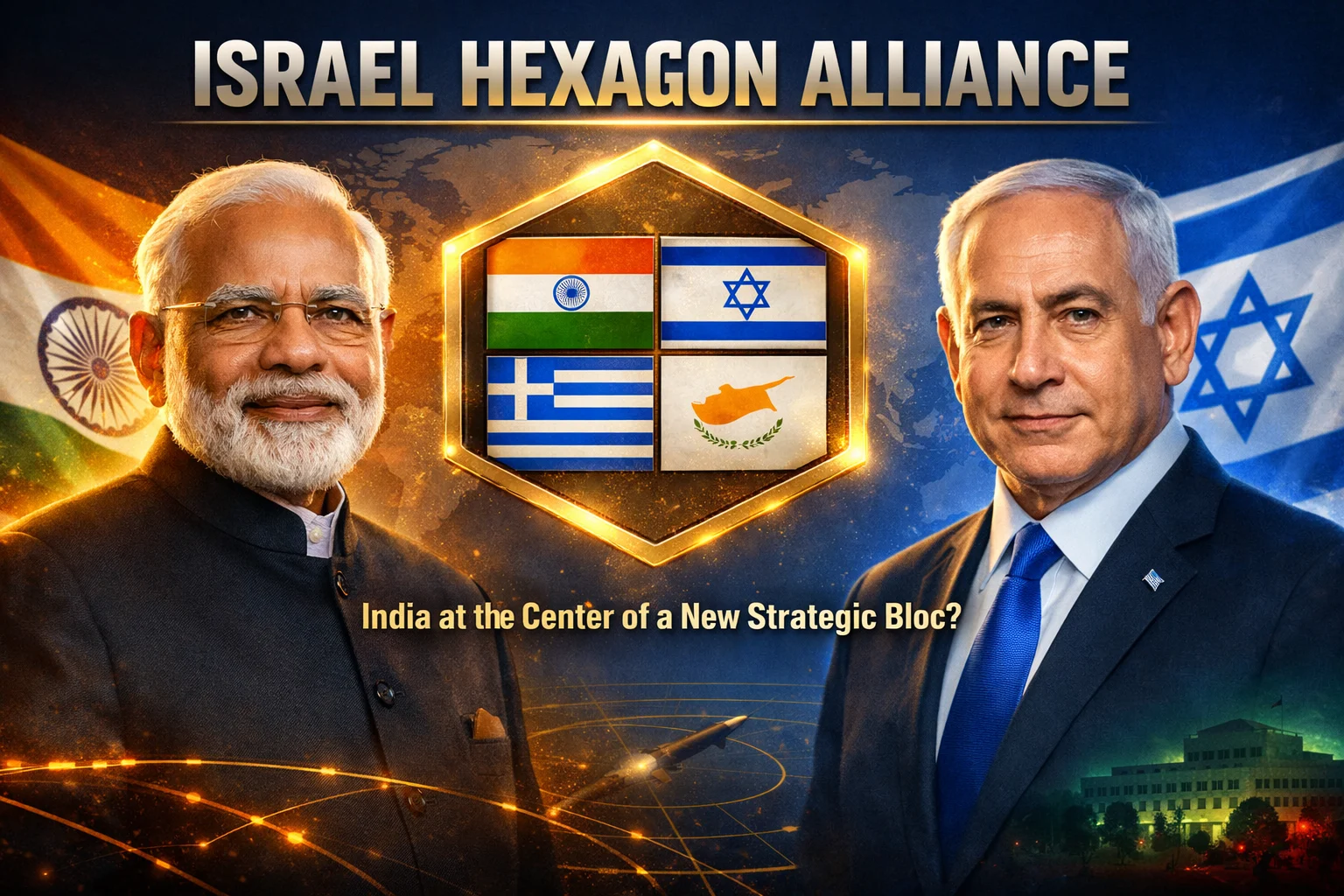 Narendra Modi and Benjamin Netanyahu with Israel Hexagon Alliance featuring India, Greece and Cyprus flags