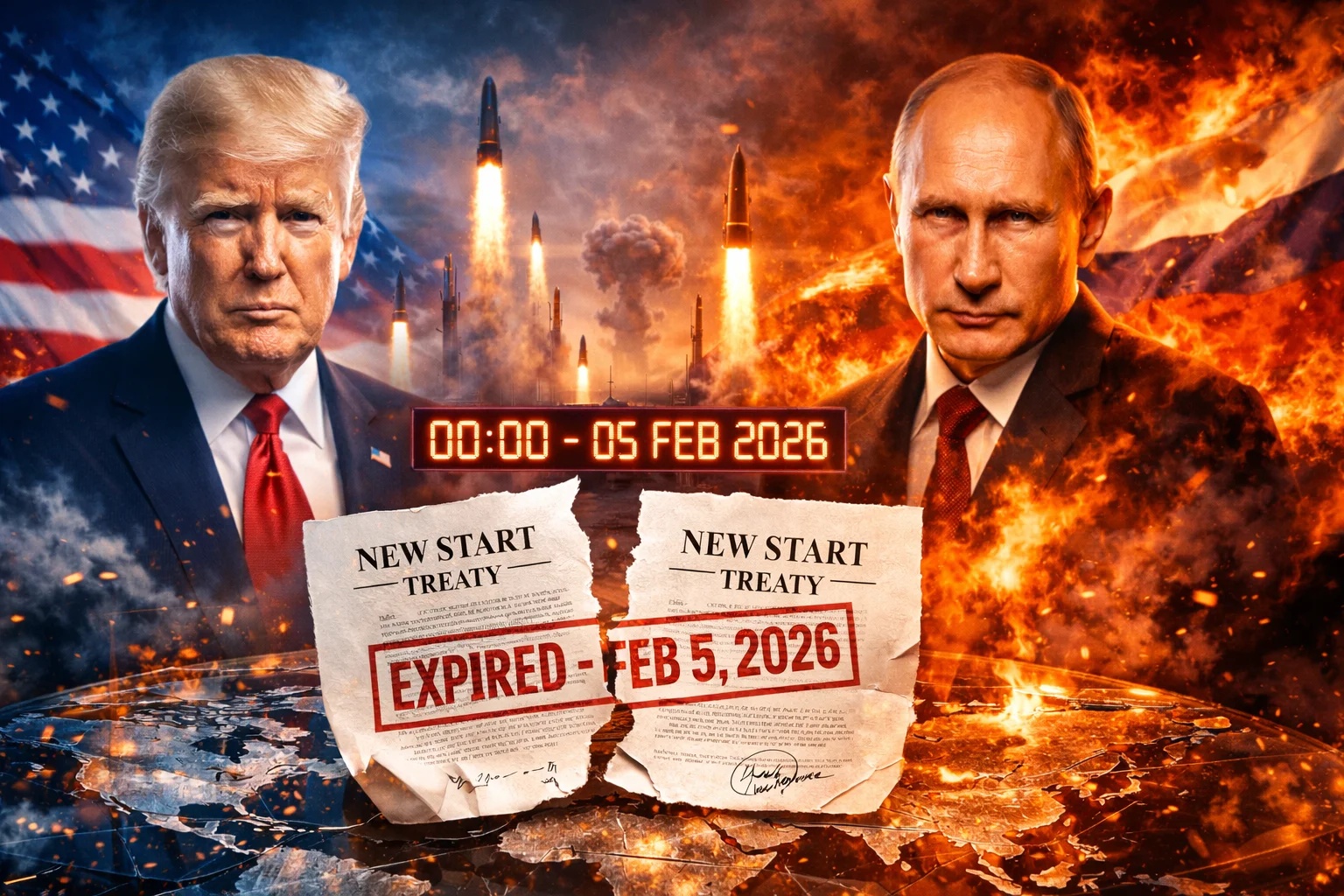 New START treaty expiry 2026 showing the arms control document marked expired, Donald Trump and Vladimir Putin amid global nuclear forces