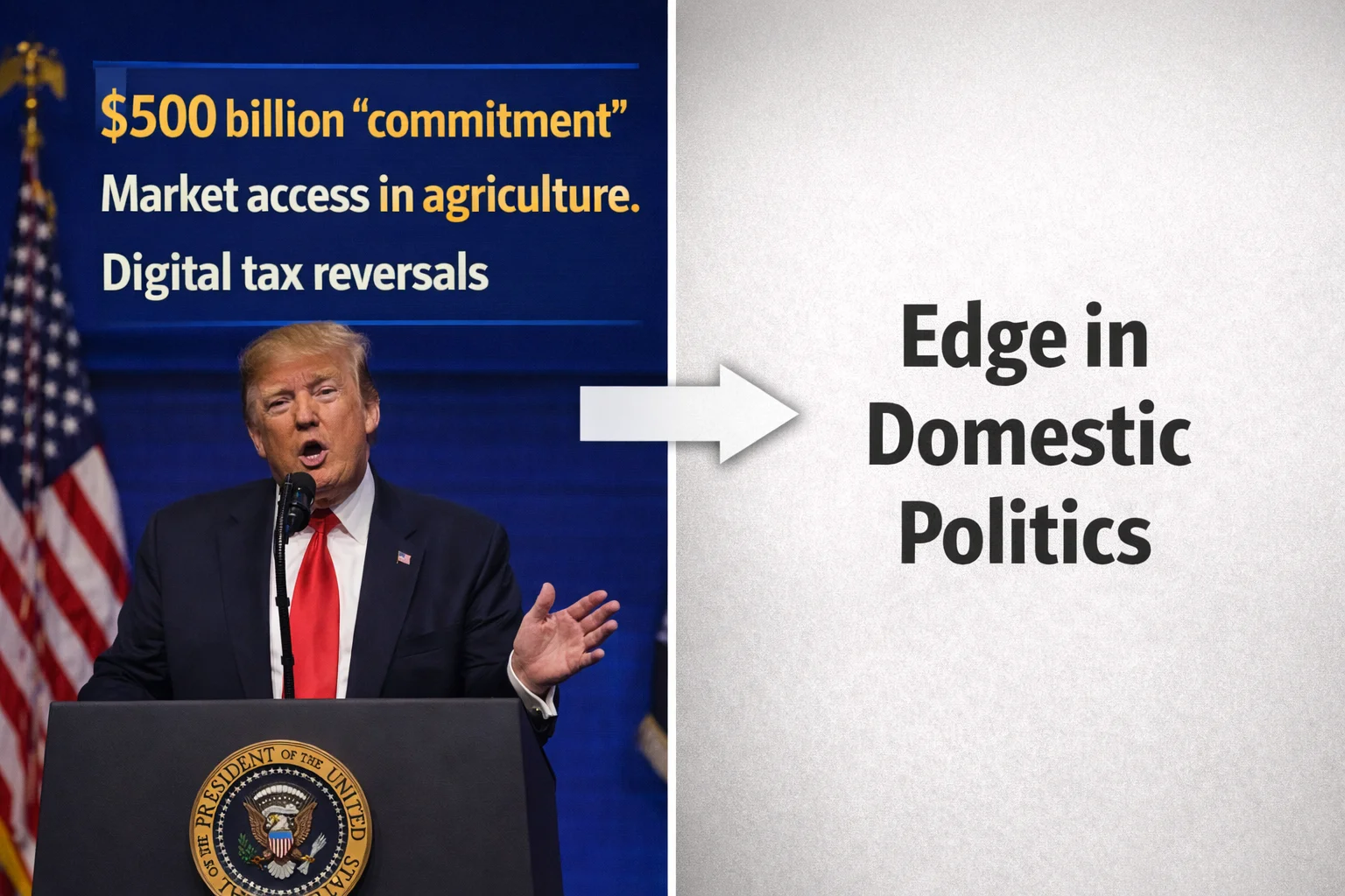 US India trade deal controversy political framing of $500 billion commitment, market access in agriculture and domestic optics in Washington