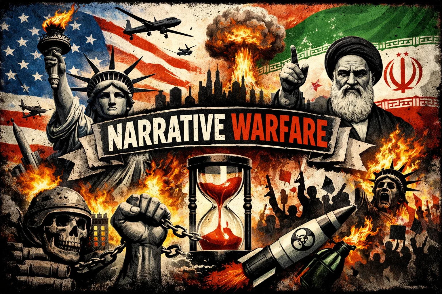 Symbolic protest collage linking Baal imagery with rising geopolitical tensions.