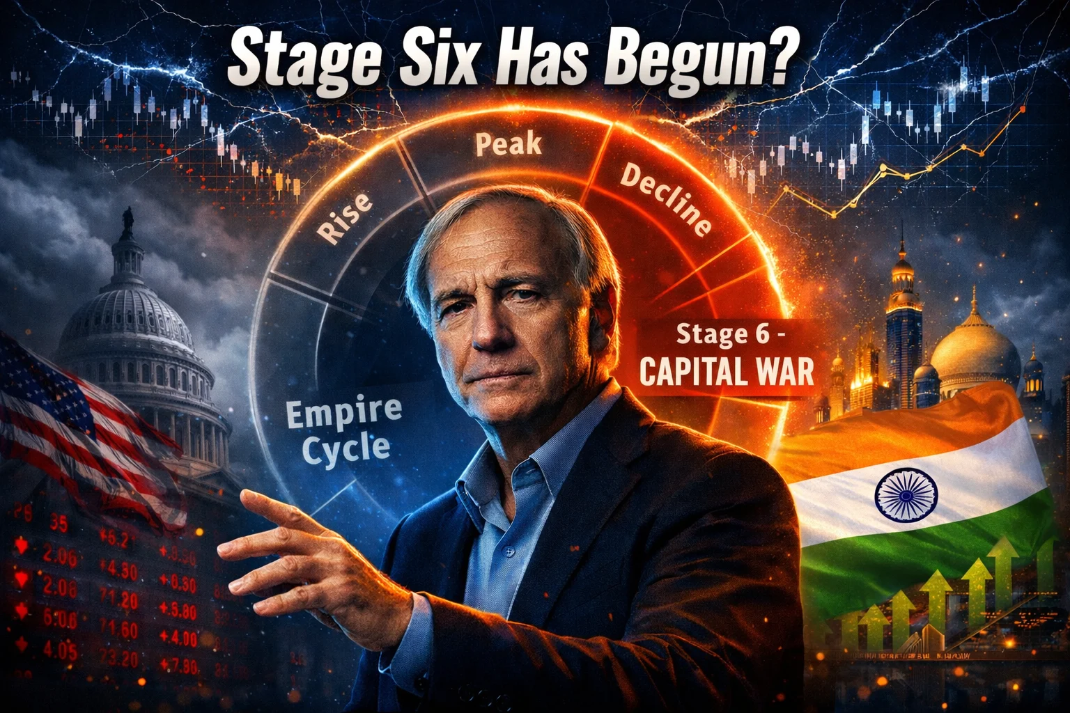 Ray Dalio discussing Ray Dalio Big Cycle theory with Stage Six highlighted, US decline and looming capital war