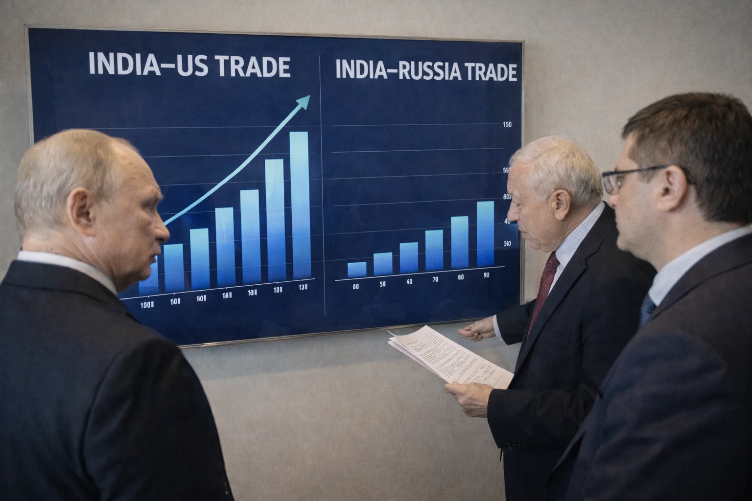 India Russia relations after US deal trade imbalance board showing rising India US trade compared to smaller India Russia volumes