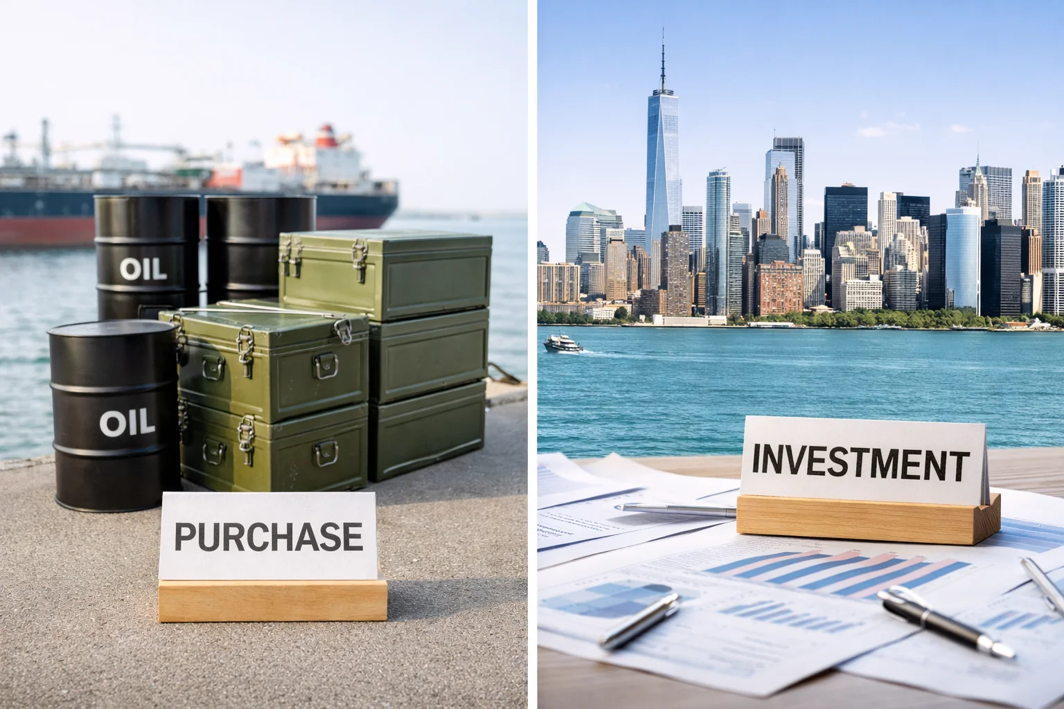 Visual contrast showing confusion between purchase and investment claims linked to India Russia oil trade discussions