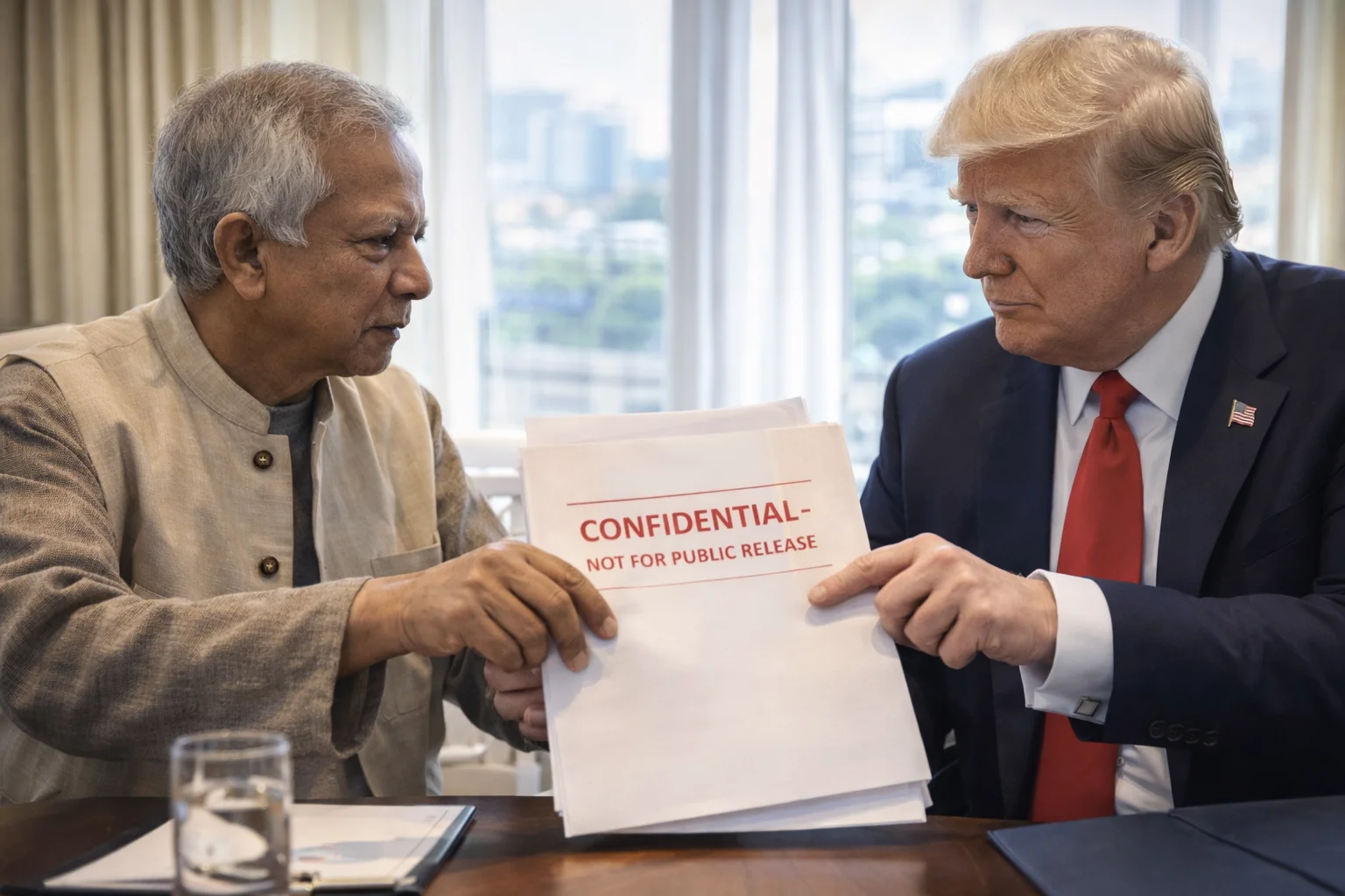 Bangladesh PM Mohammed Yunus and US President Donald Trump officials exchanging confidential documents linked to a Bangladesh US secret trade deal