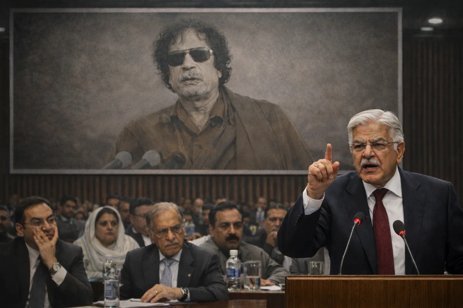 Muammar Gaddafi reference during Khawaja Asif toilet paper statement criticizing US foreign interventions