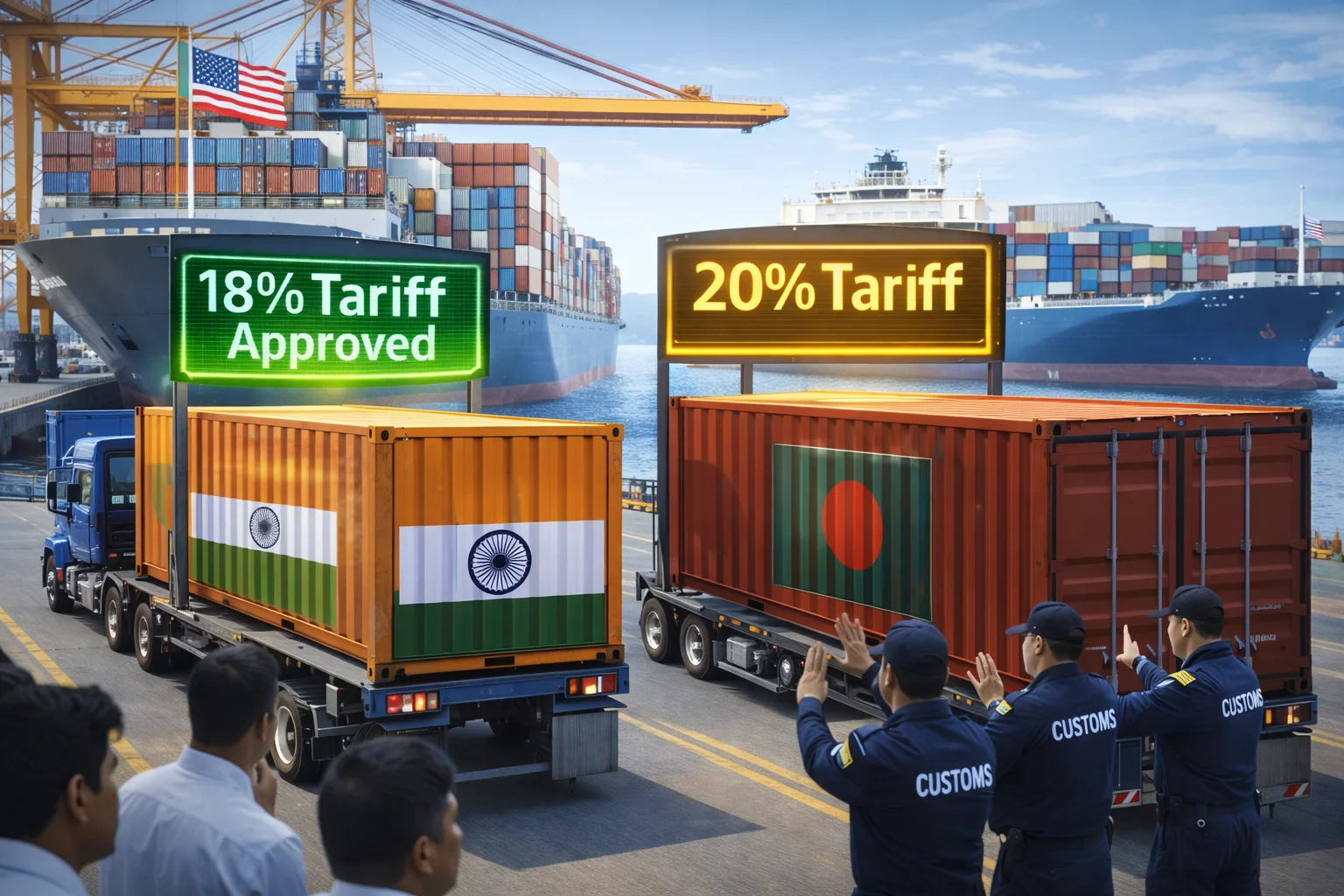 India US trade deal tariff advantage showing Indian exports at lower tariffs compared to Bangladeshi exports in US ports