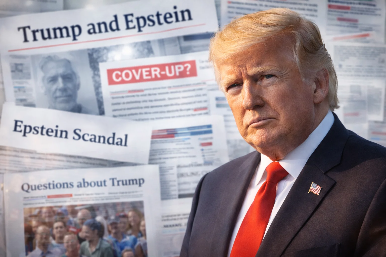 Donald Trump under media scrutiny with headlines referencing the Jeffrey Epstein controversy and political impact