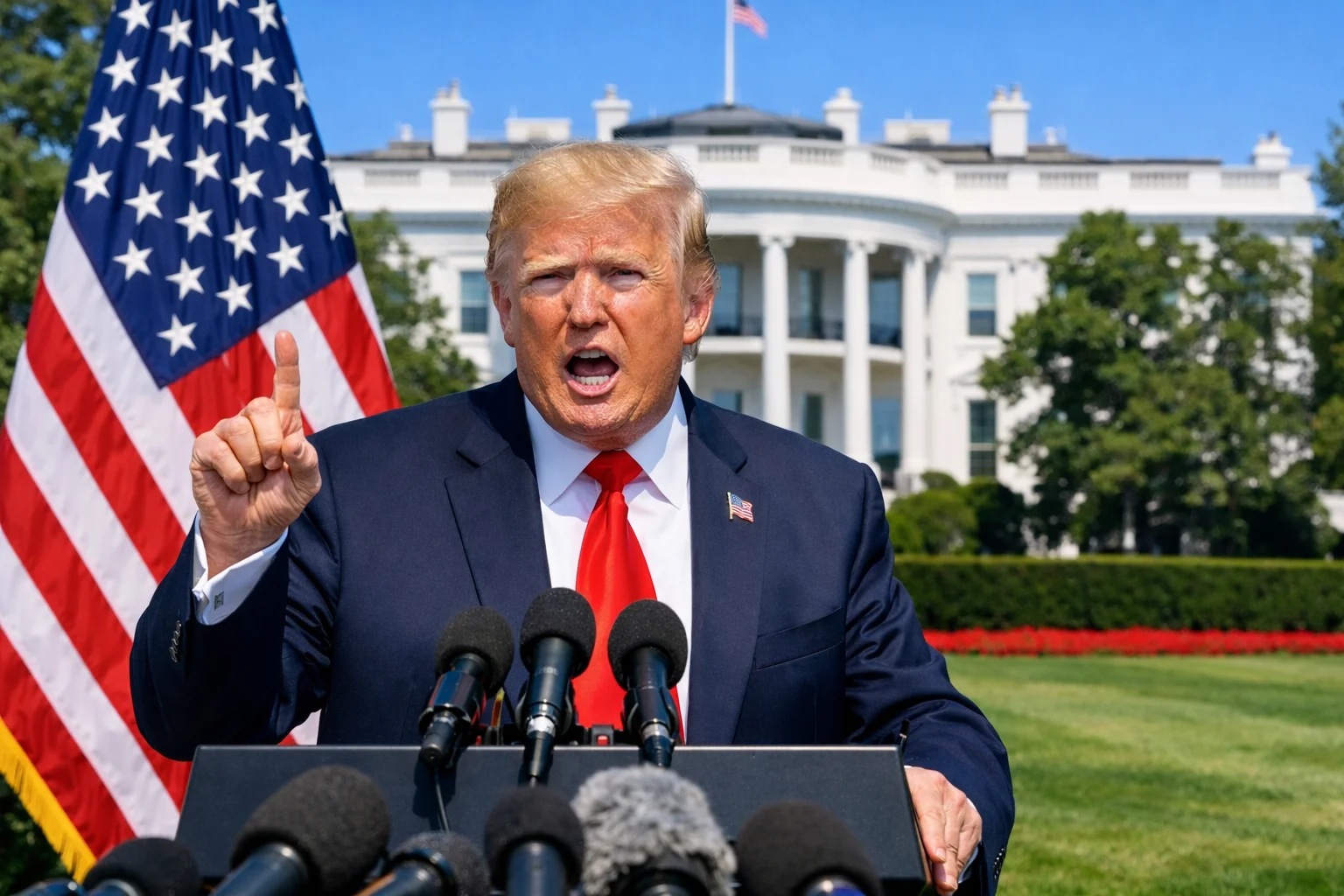 Donald Trump making public statement about India Russia oil trade during press appearance at the White House