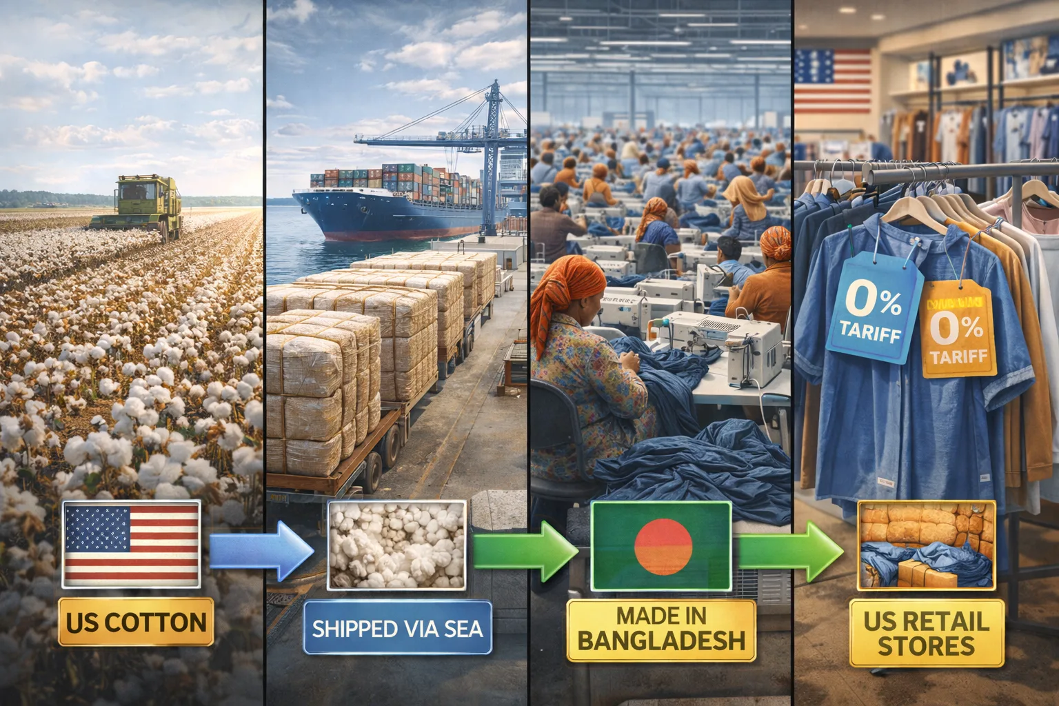 Supply chain of the Bangladesh US textile deal showing US cotton farms feeding Bangladeshi factories that export garments to the US at zero tariff