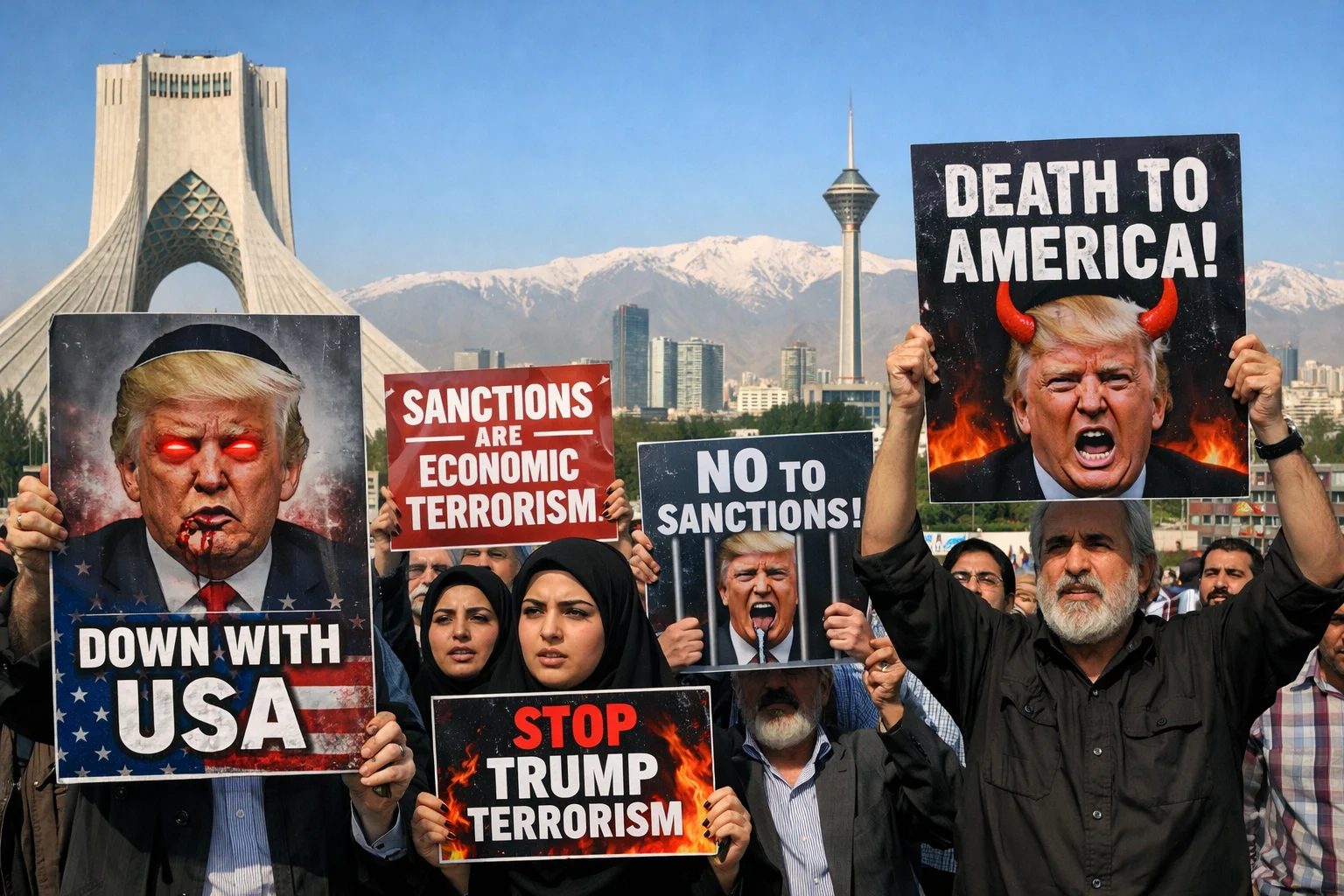 Iranian protesters display Trump images during anti-sanctions demonstrations in Tehran.