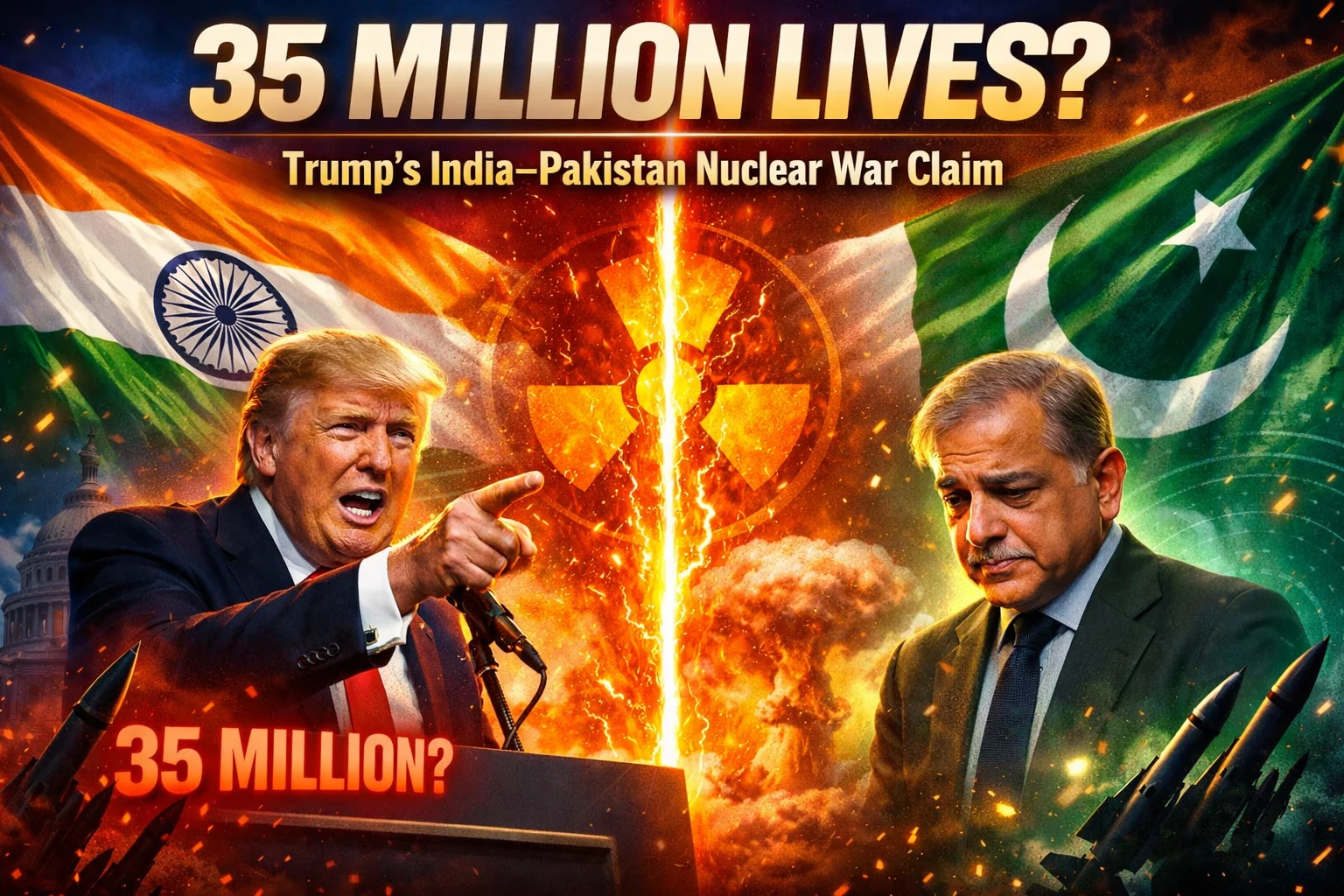 Donald Trump and Shehbaz Sharif amid Trump India Pakistan nuclear war claim with 35 million lives remark backdrop