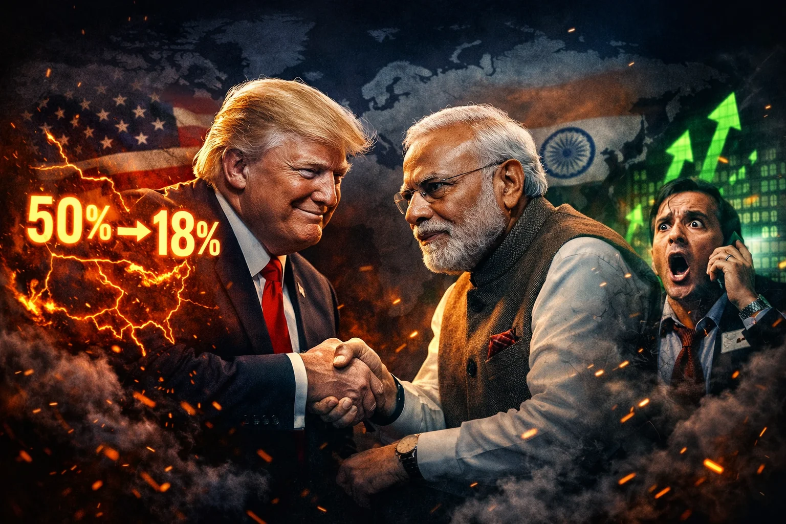 Donald Trump and Narendra Modi in a tense handshake as US tariffs on Indian exports drop to 18 percent, symbolizing the India US trade deal impact on markets and geopolitics