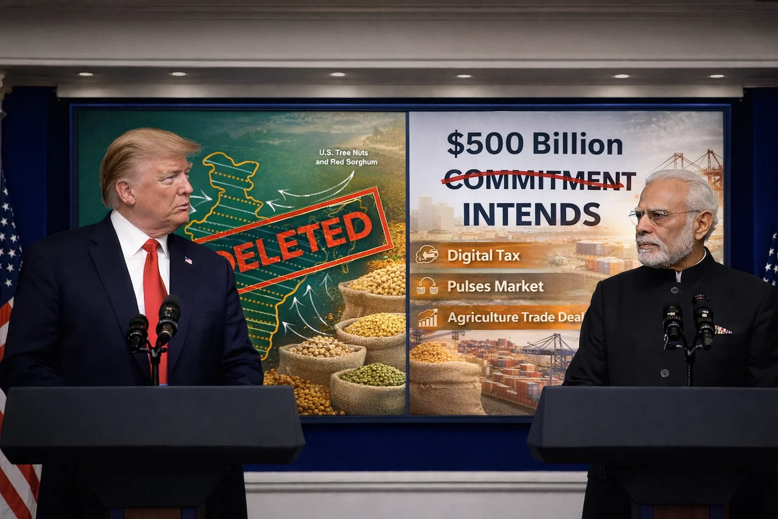 US India trade deal controversy press conference scene showing Deleted India map with Aksai Chin and PoK alongside $500 billion commitment edited to intends between Trump and Modi