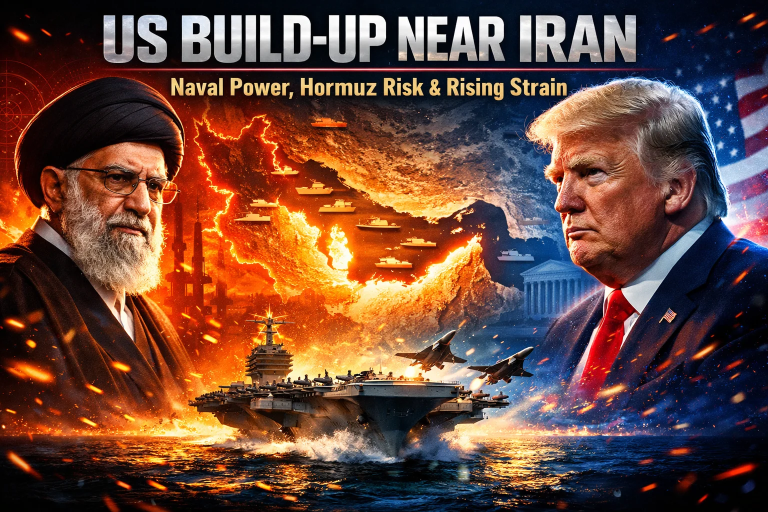 Donald Trump and Ayatollah Ali Khamenei amid US military build up near Iran with USS Gerald R. Ford in Strait of Hormuz