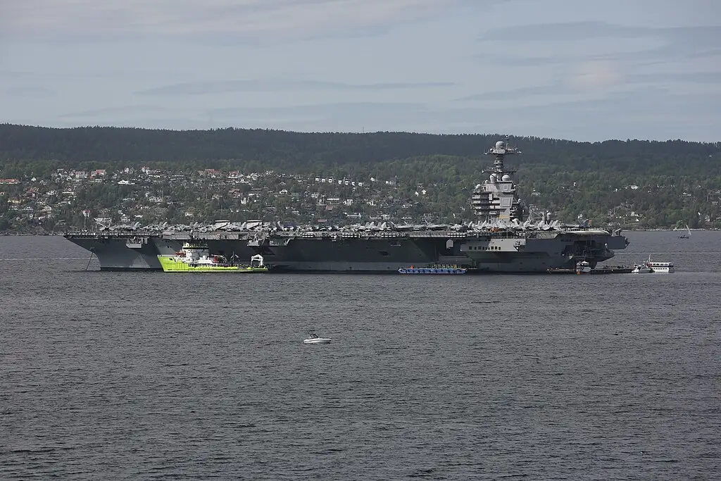 USS Gerald R. Ford aircraft carrier during Middle East deployment highlighting US naval operational strain and extended mission readiness near Strait of Hormuz